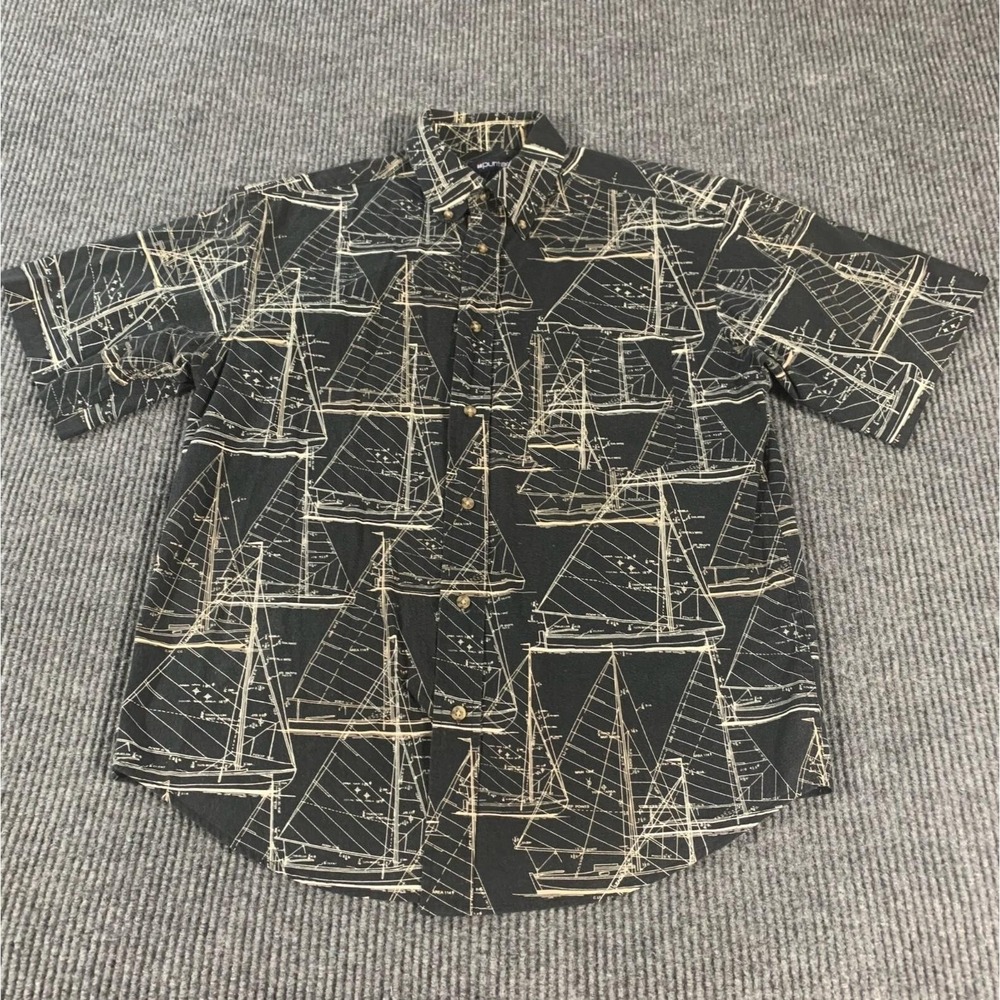 VTG Puritan Shirt Mens M Black Sailboat Button Up Casual AOP Nautical 90s Retro